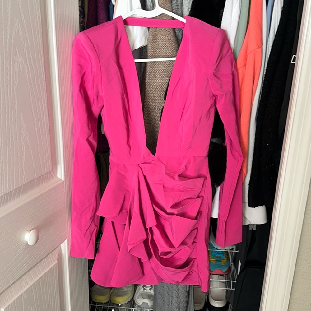 Stunning pink mini dress w open back by Michael Costello x Revolve.